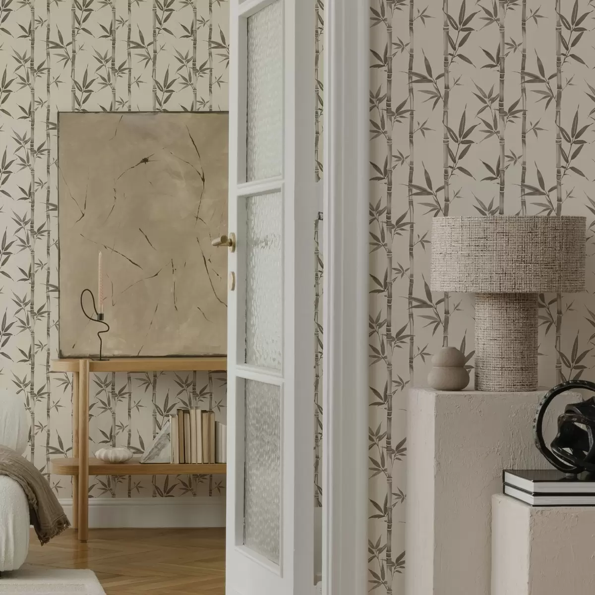 Wallpaper Model de bambus bej cu frunze în stil japonez a00236
