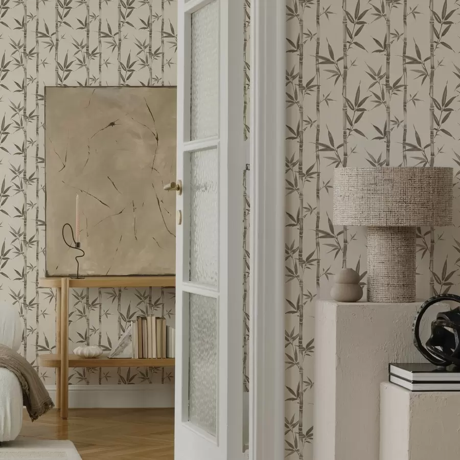 fototapet Model de bambus bej cu frunze în stil japonez a00236