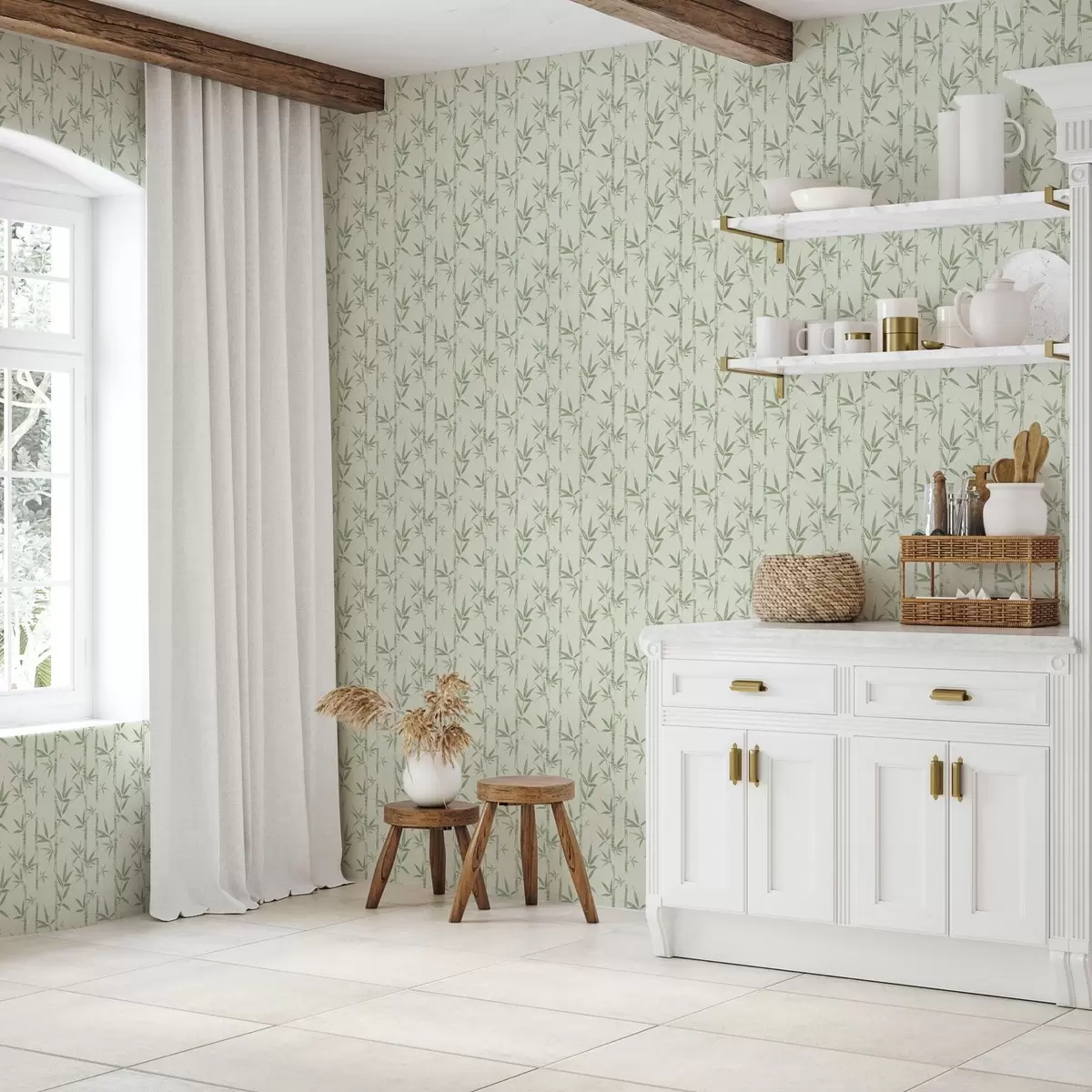 Wallpaper Bambus verde deschis pe fundal pastel moale a00236v1