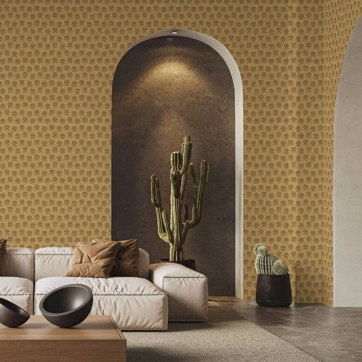 Wallpaper Model floral retro cu lotusuri pe fundal galben a00238