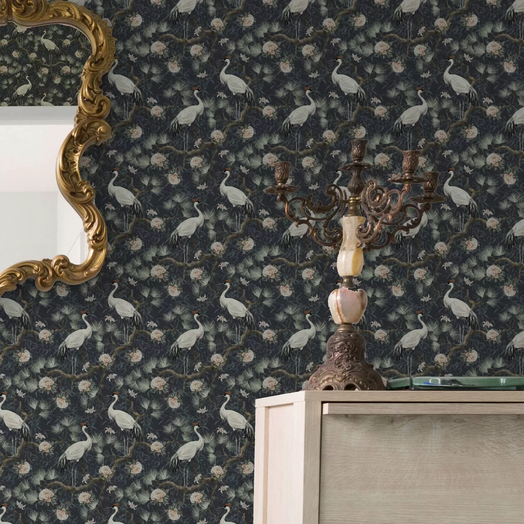 fototapet Cranes printre pini și bujori pe un fundal întunecat a00241