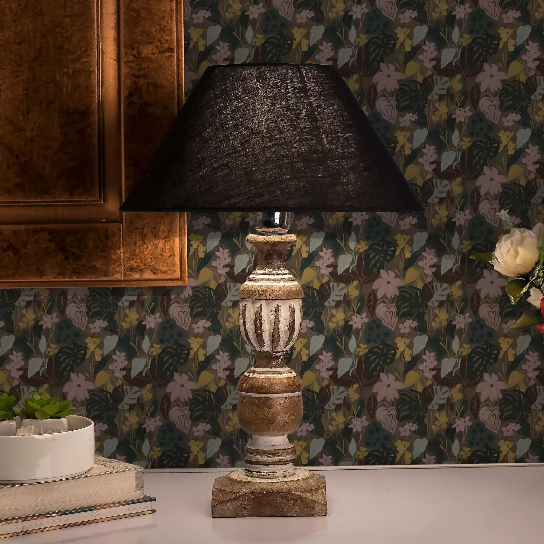 fototapet Frunze și flori tropicale întunecate într-o pictură densă pictură densă a00244