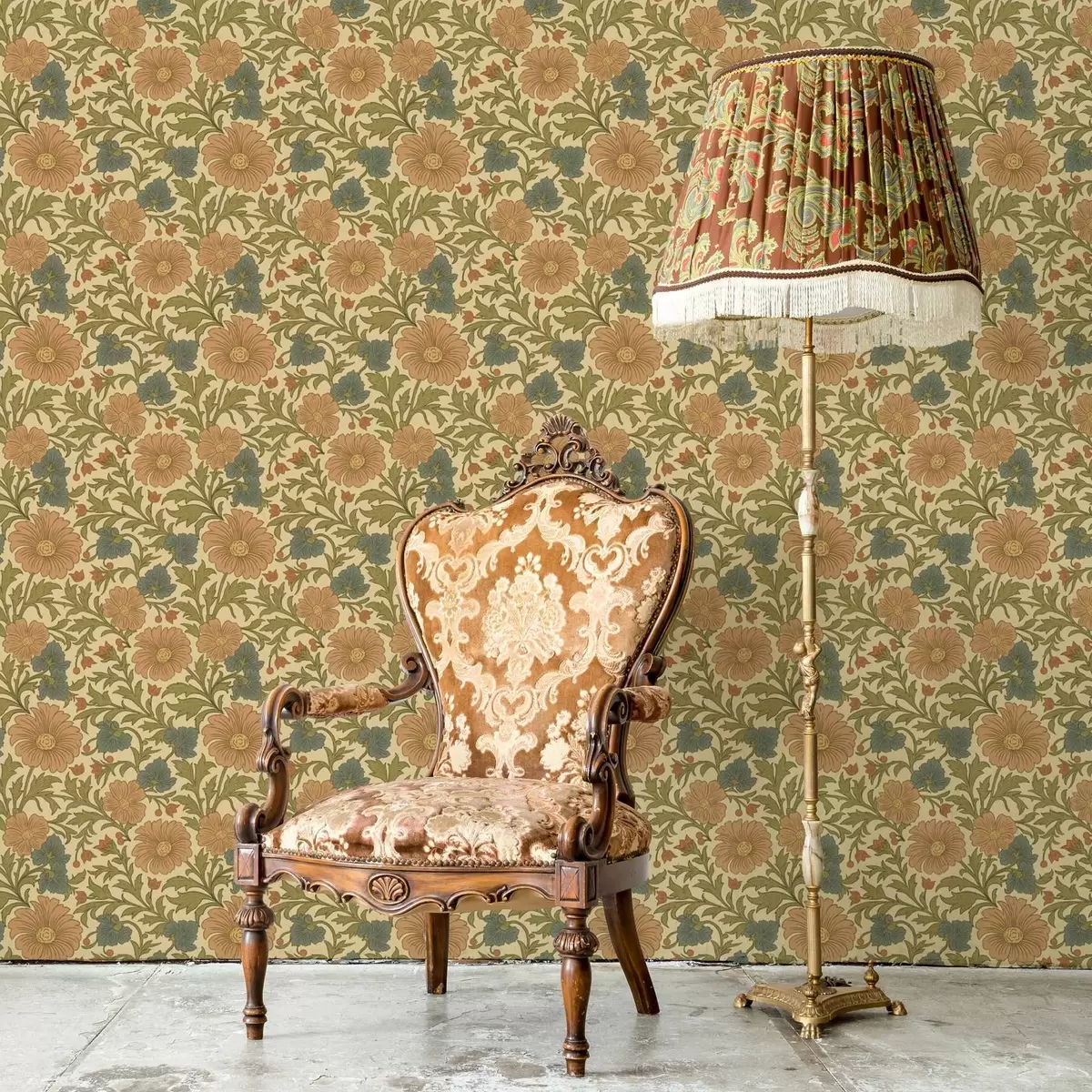 Wallpaper Model retro cu flori portocalii și albastre a00245