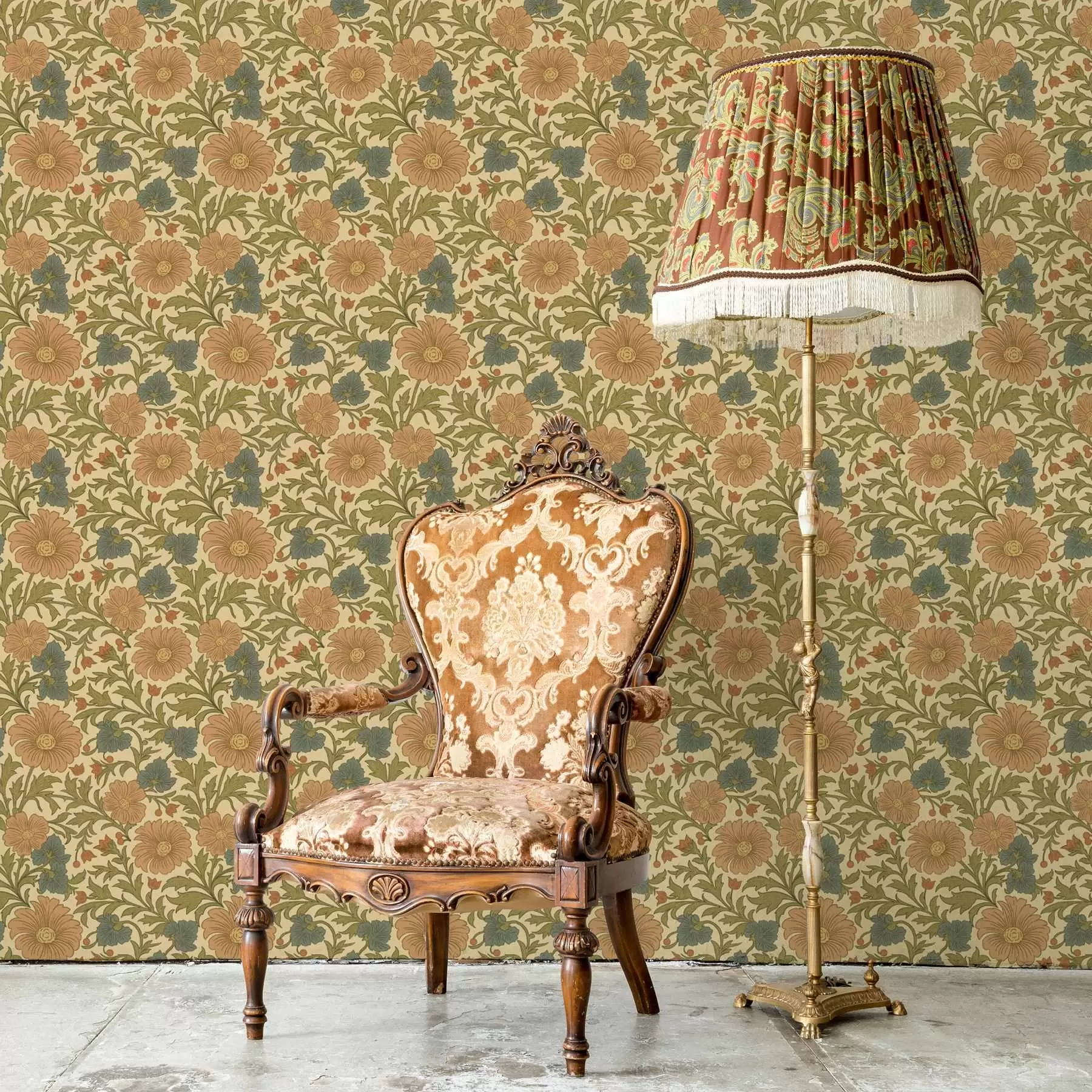 fototapet Model retro cu flori portocalii și albastre a00245