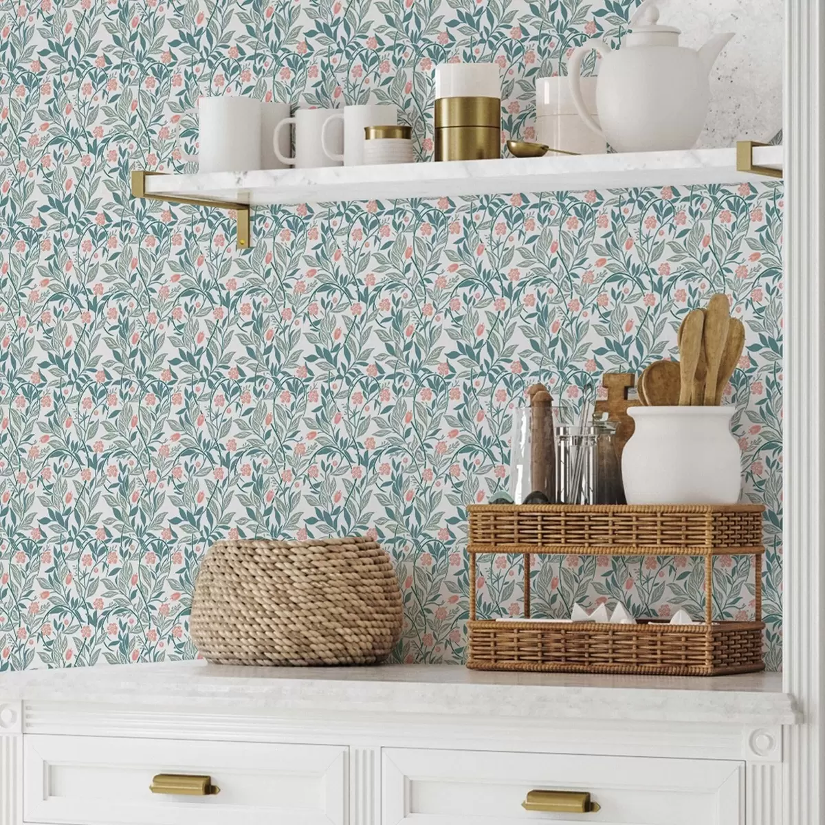 Wallpaper Model proaspăt cu flori și frunze de coral a00247