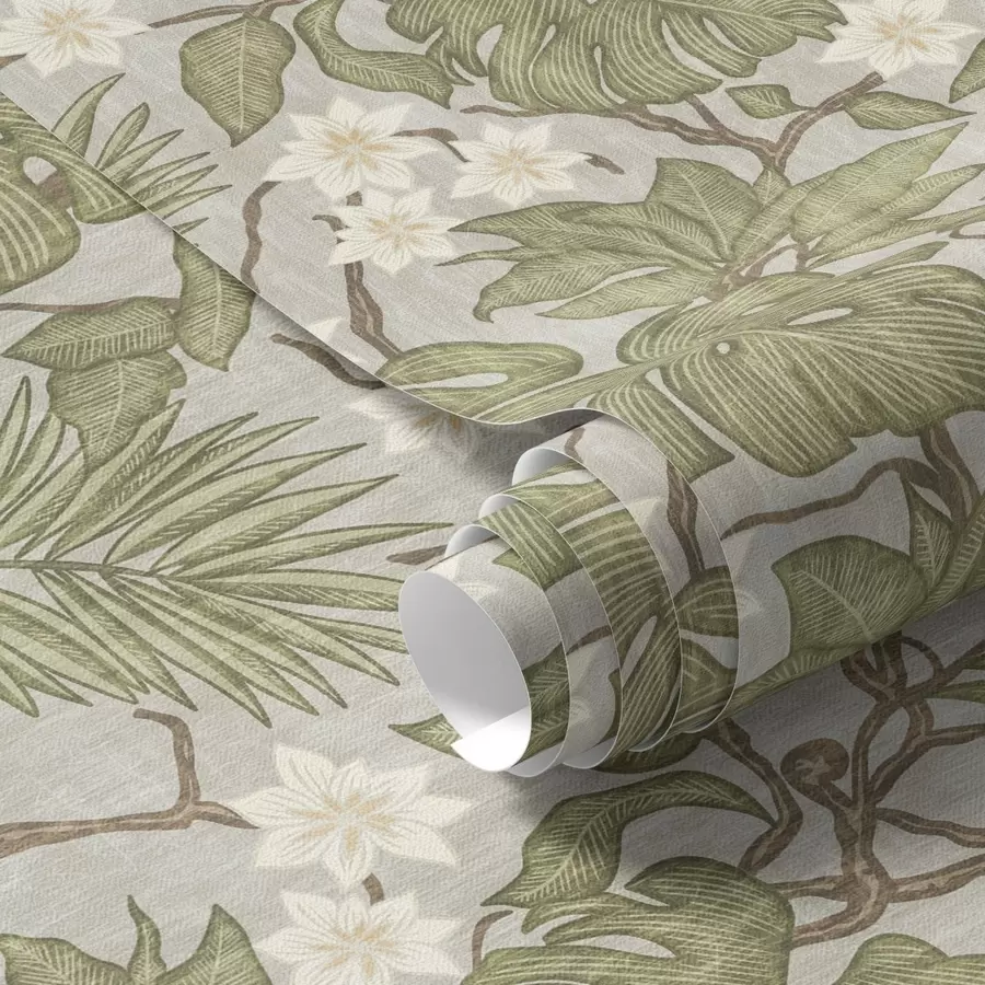 fototapet Tropical monstera frunze și flori pe un fundal gri a00249