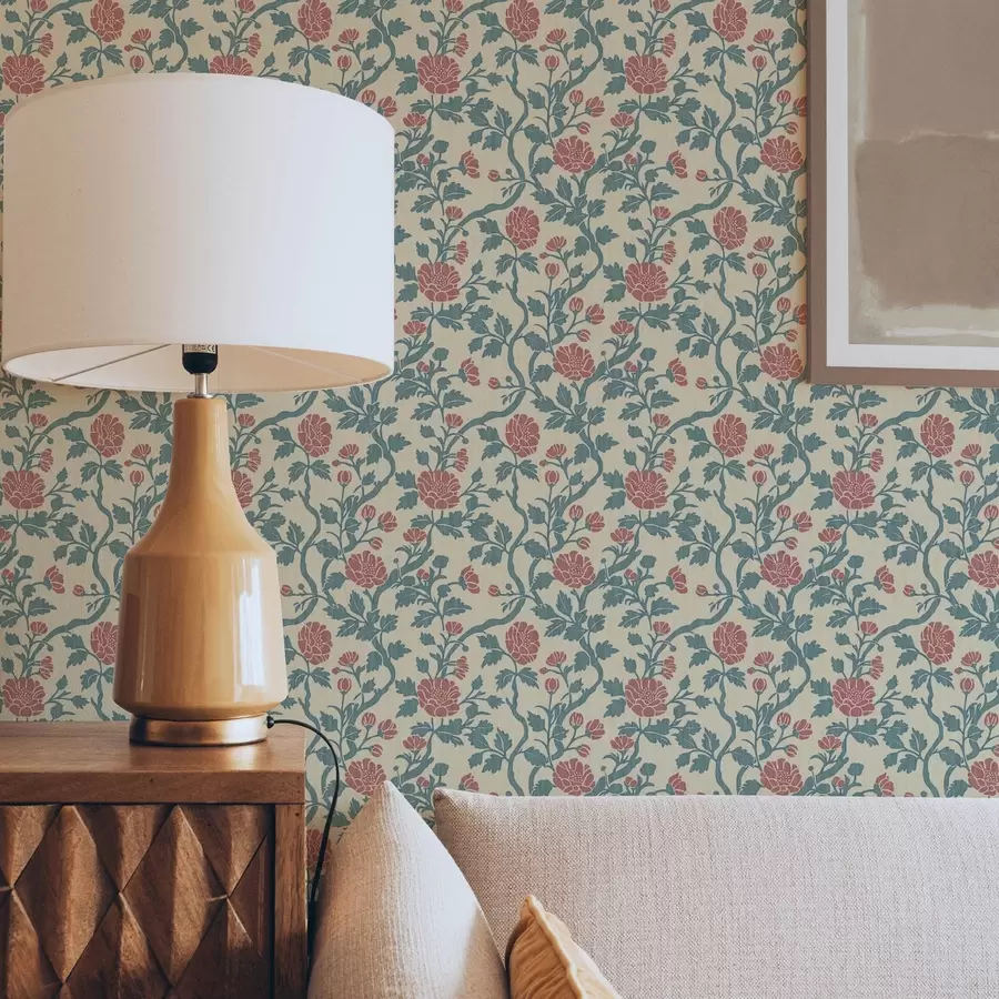 fototapet Model retro cu flori în roșu și verde a00250