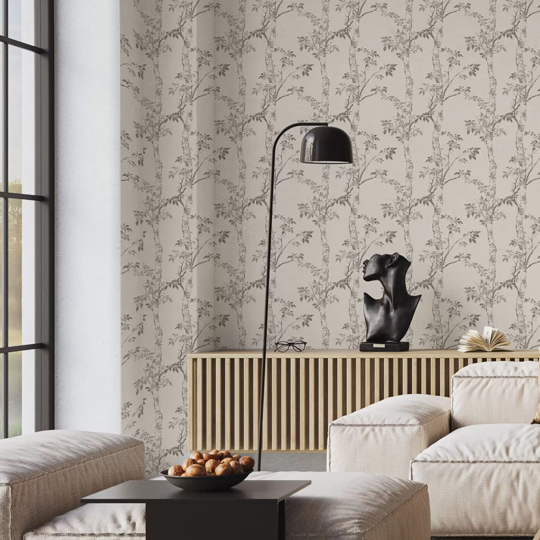 fototapet Ramuri de mesteacăn cu frunze pe un fundal deschis a00257