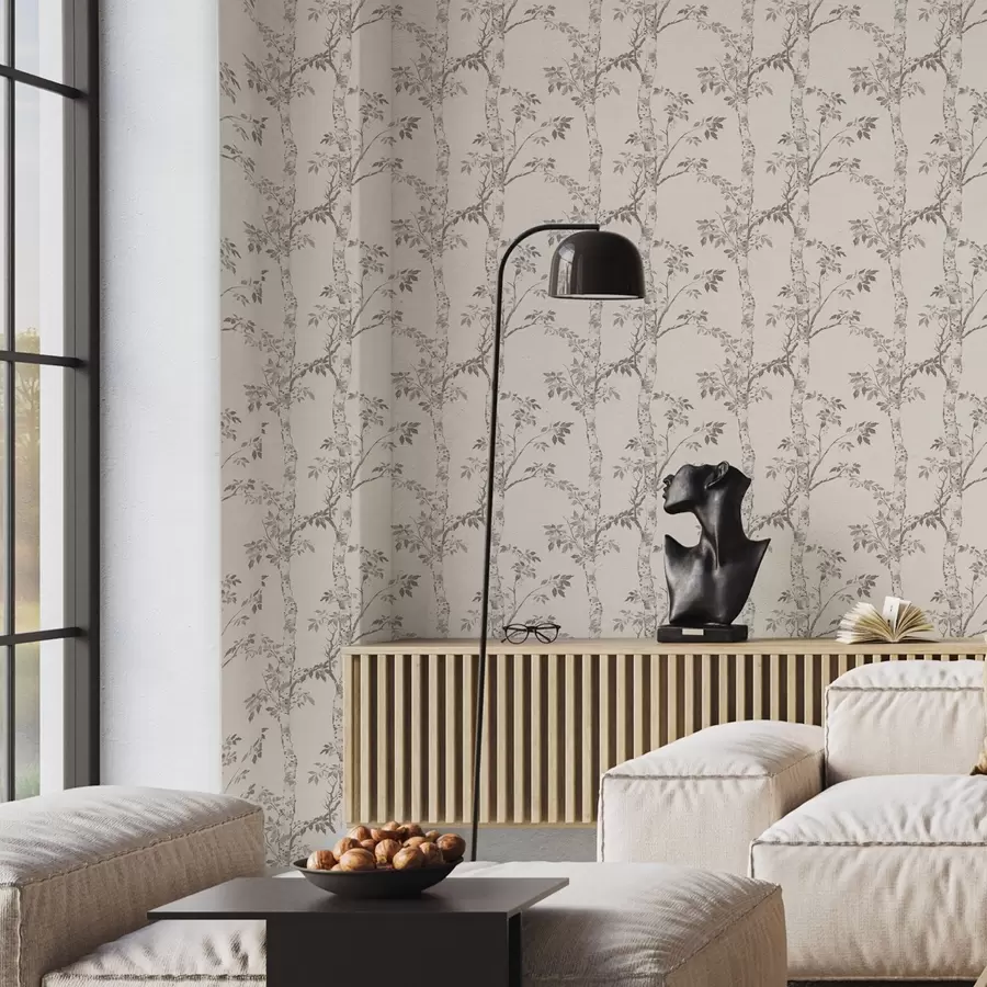 fototapet Ramuri de mesteacăn cu frunze pe un fundal deschis a00257