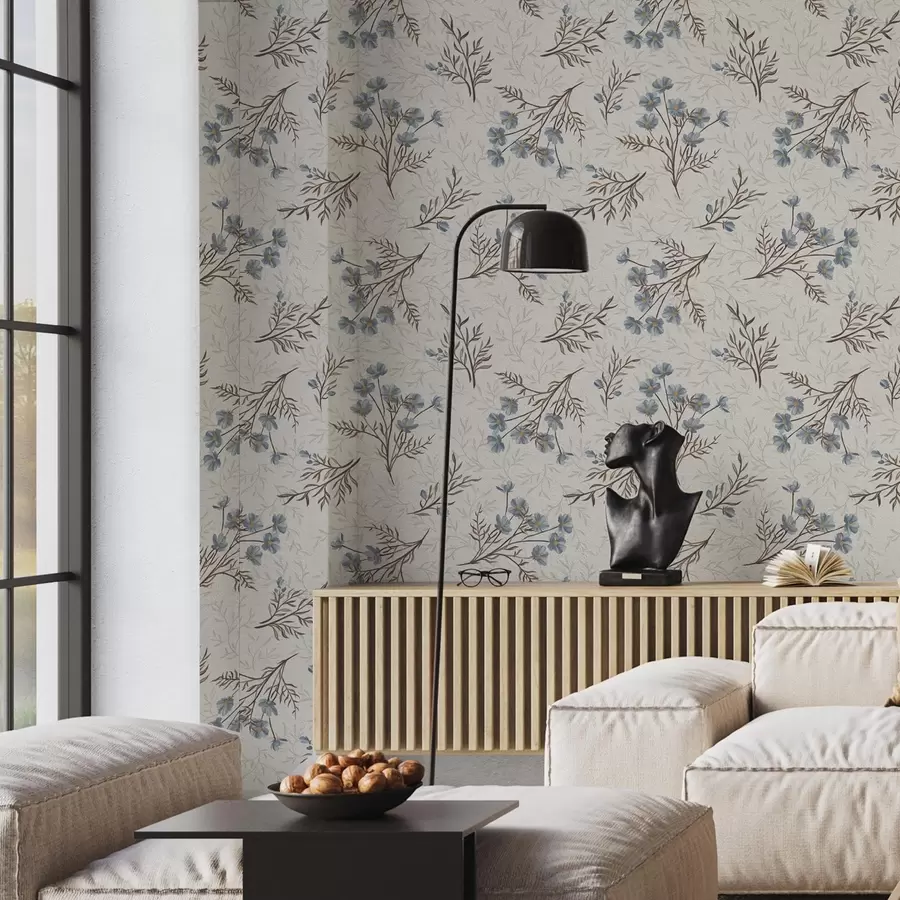 fototapet Flori albastre și ramuri ușoare pe un fundal alb a00265v1