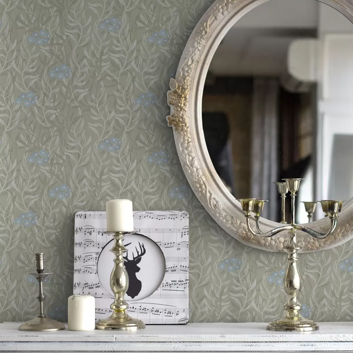 Wallpaper Fundal verde cu ramuri albe și flori albastre a00268v1