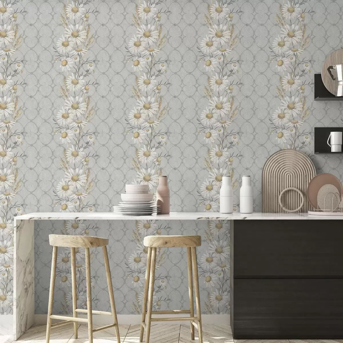 Wallpaper Margarete pe fundal gri cu model geometric a00269