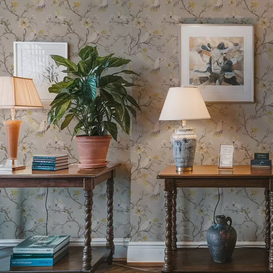 fototapet Papagali și flori galbene pe fundal luminos a00270