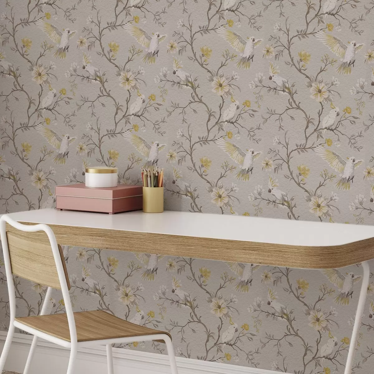 Wallpaper Papagali și flori galbene pe fundal luminos a00270