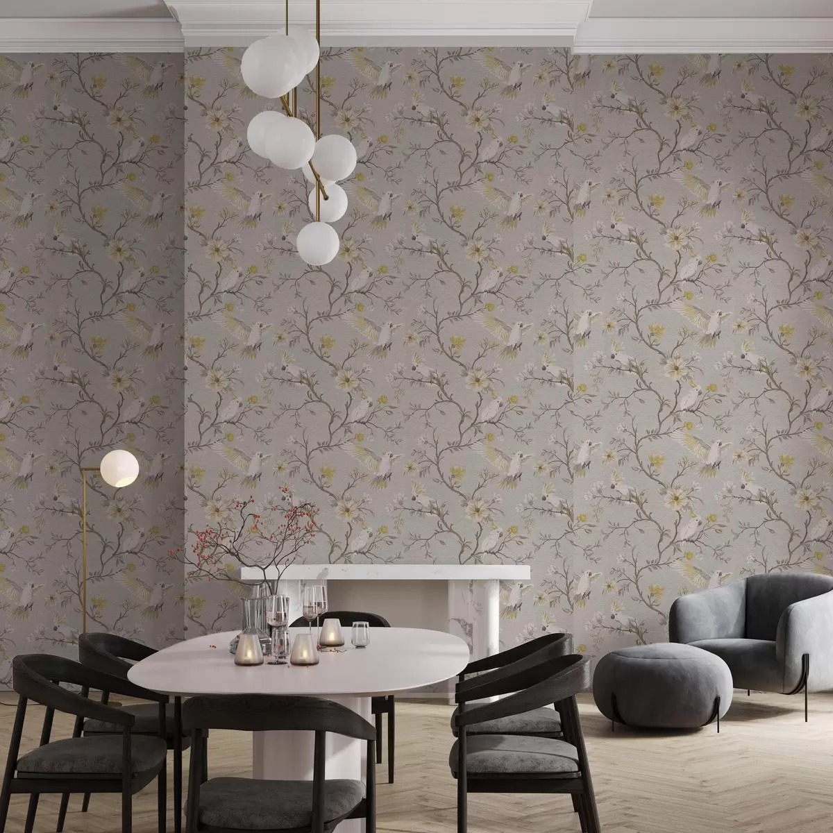 Wallpaper Papagali și flori galbene pe fundal luminos a00270