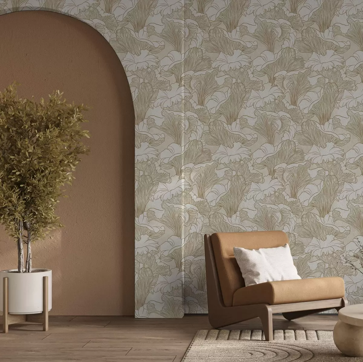 Wallpaper Ciuperci Chanterelle, desen de linie pe fundal crem a00275