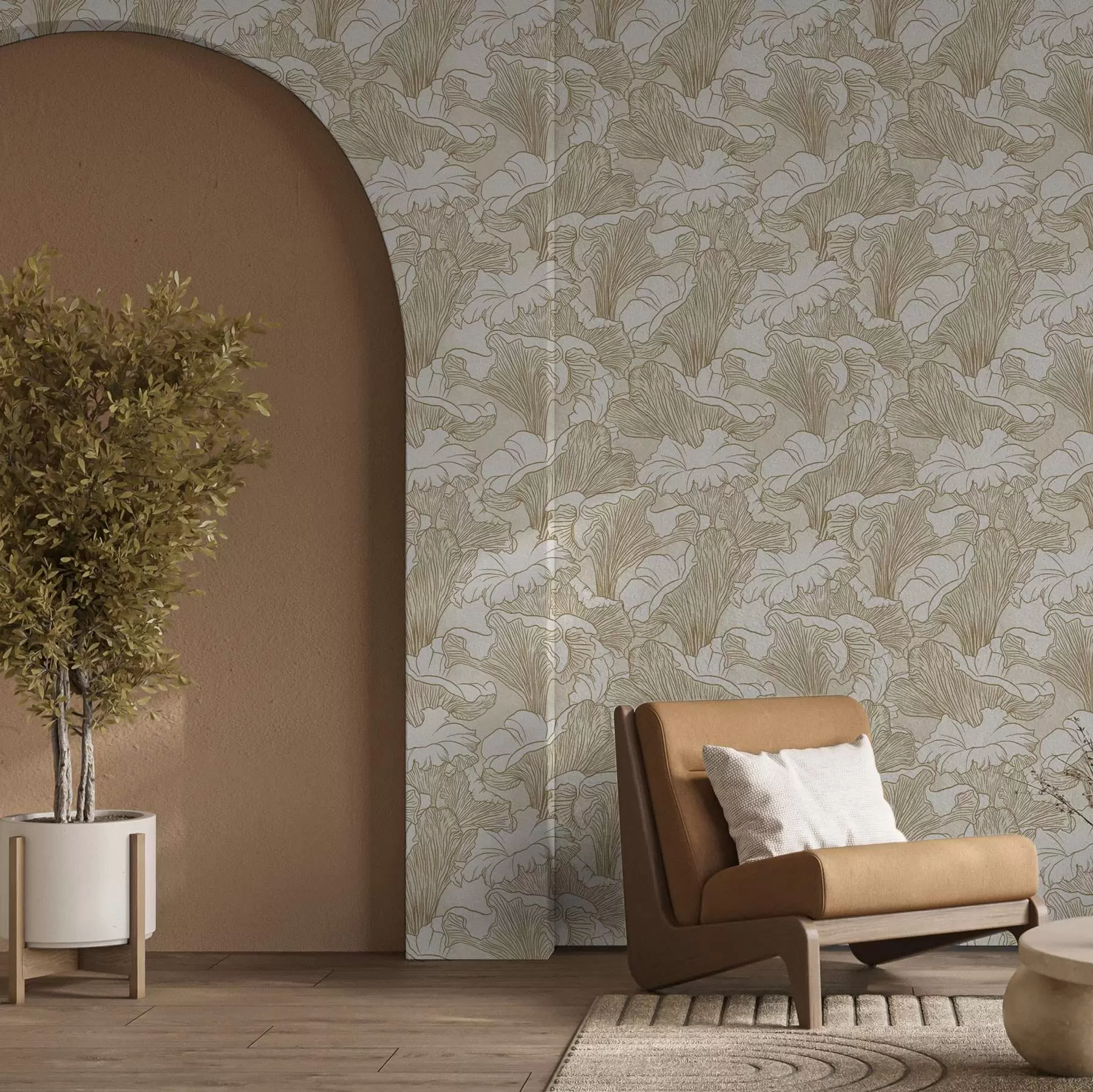 fototapet Ciuperci Chanterelle, desen de linie pe fundal crem a00275