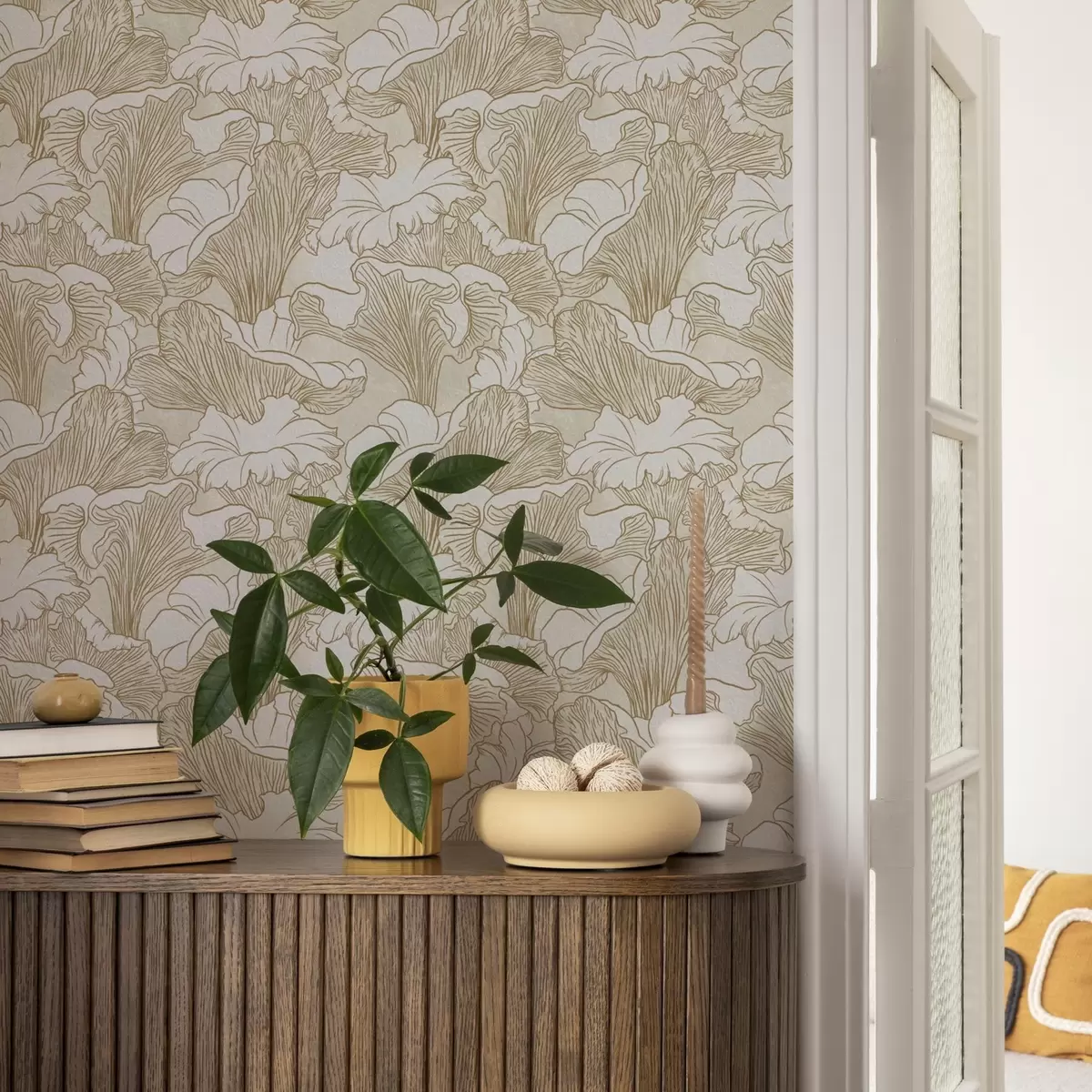 Wallpaper Ciuperci Chanterelle, desen de linie pe fundal crem a00275