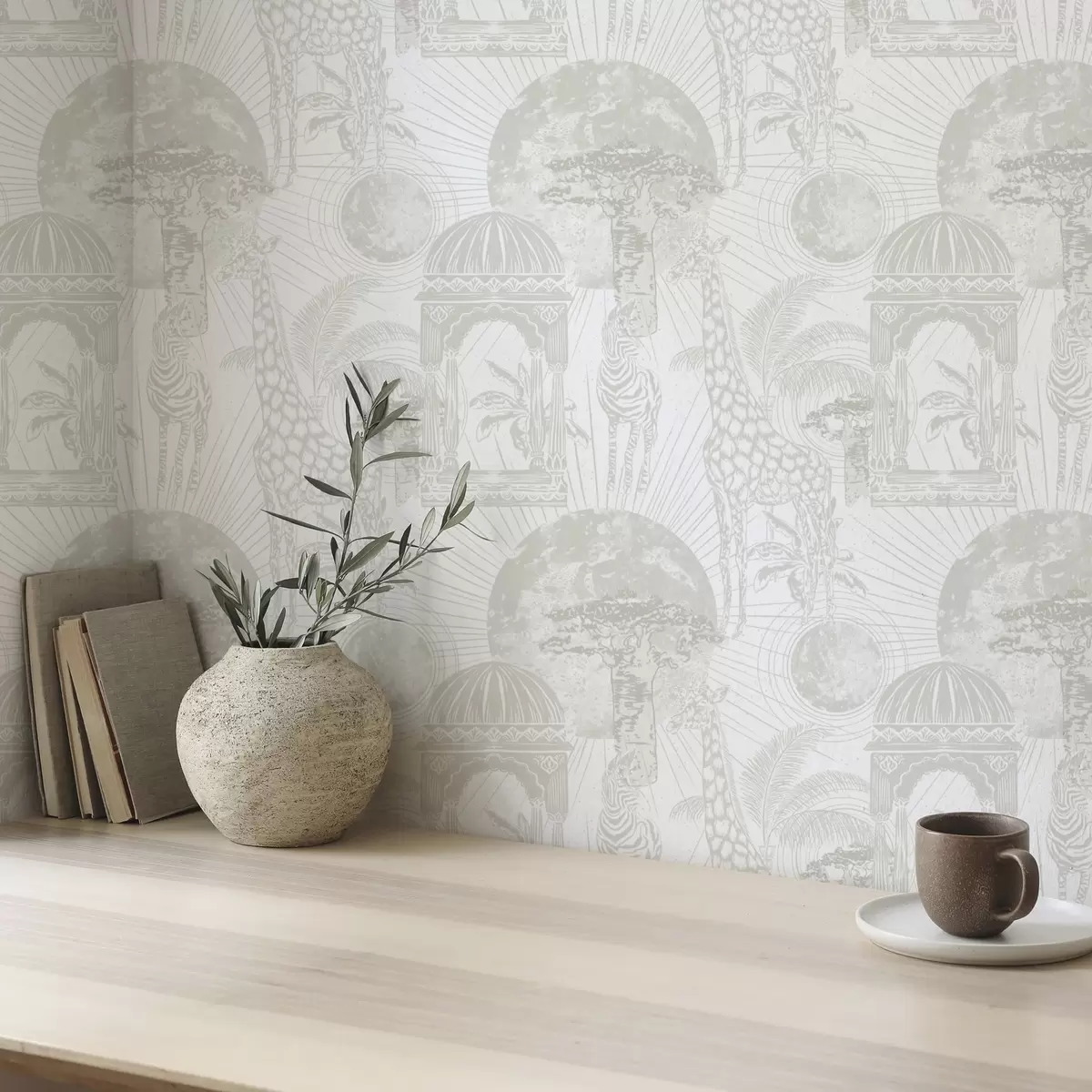 Wallpaper Ilustrație grafică cu girafă, zebră și palmieri a00276v1