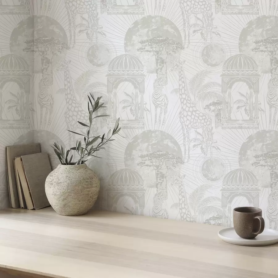 fototapet Ilustrație grafică cu girafă, zebră și palmieri a00276v1