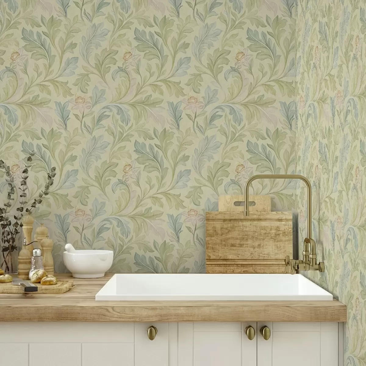 Wallpaper Frunze de epocă pe fundal gălbui, culori moi a00277v1