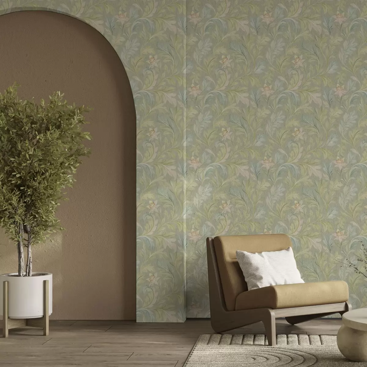 Wallpaper Frunze de epocă pe fundal verde, culori pastelate a00277