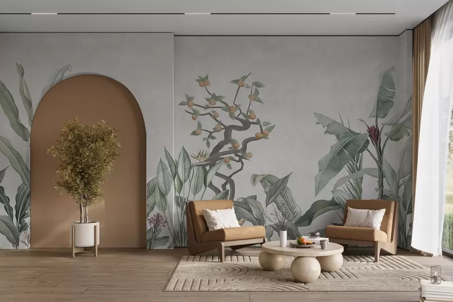 fototapet Plante tropicale cu copac portocaliu pe un fundal luminos w04201