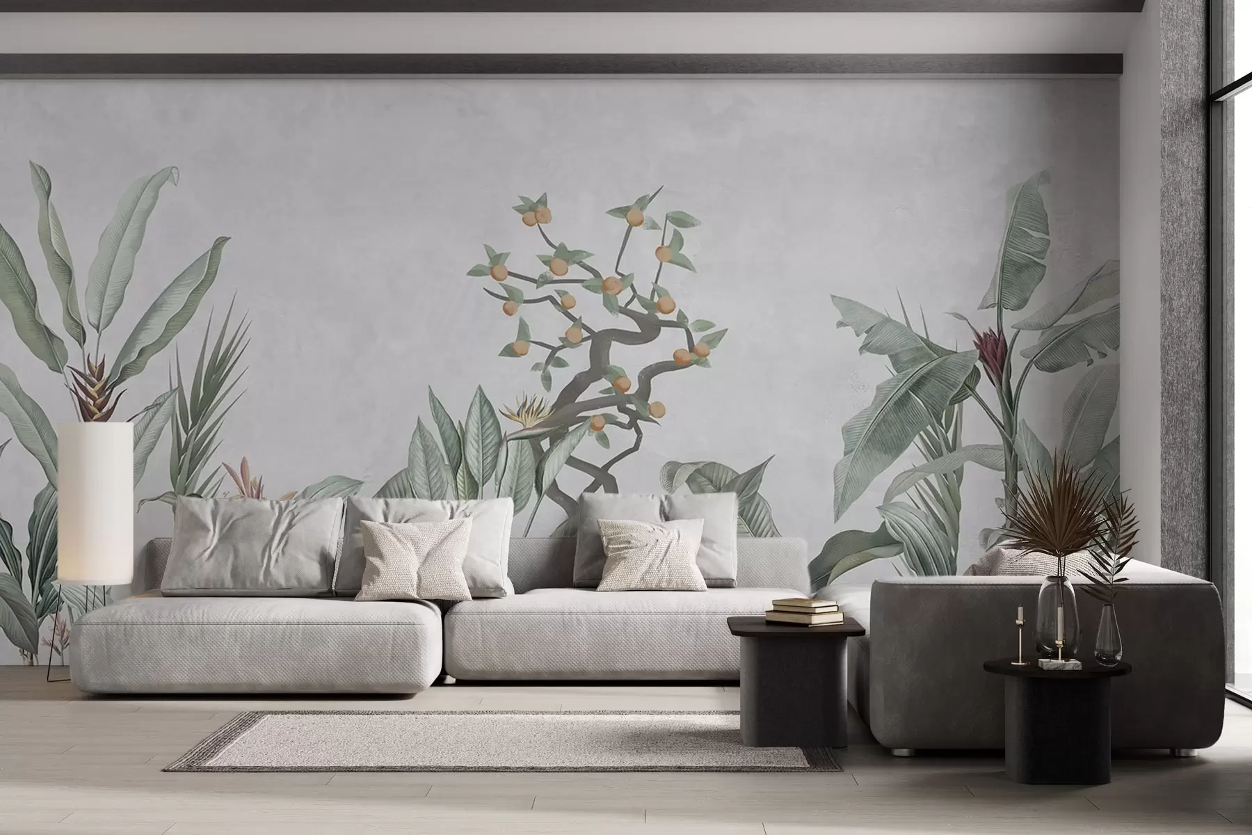 fototapet Plante tropicale cu copac portocaliu pe un fundal luminos w04201