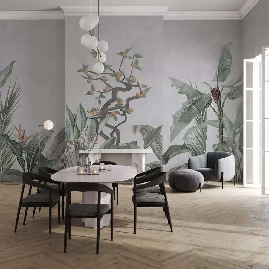 fototapet Plante tropicale cu copac portocaliu pe un fundal luminos w04201