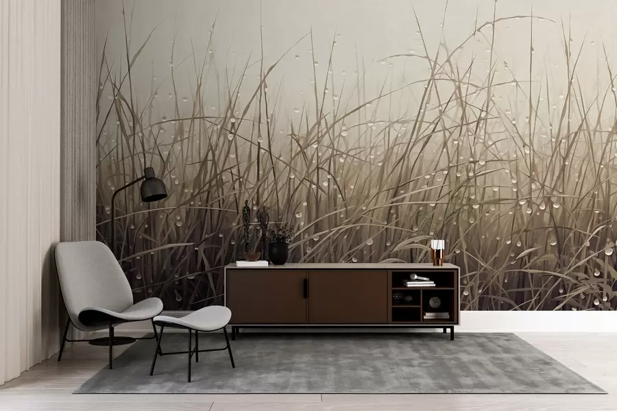 fototapet Iarbă cu picături de apă, nuanțe de maro atenuate, lumină moale, fundal cețos, stil abstract minimalist texturat w09217v1