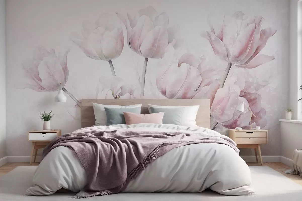 fototapet Lalele roz texturate cu frunze verzi, lumină moale, stil acuarelă de epocă, tușe delicate w09220