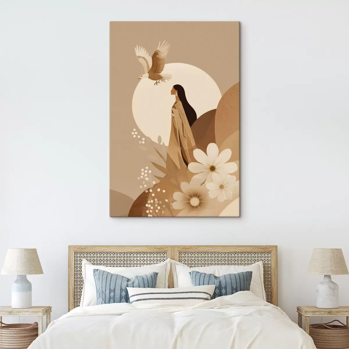 Tablouri Abstracție cu femeie și vultur în cer, culori bej s44978