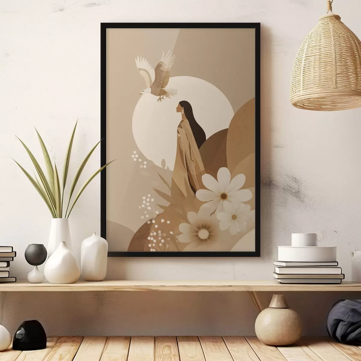 Poster Abstracție cu femeie și vultur în cer, culori bej f44978