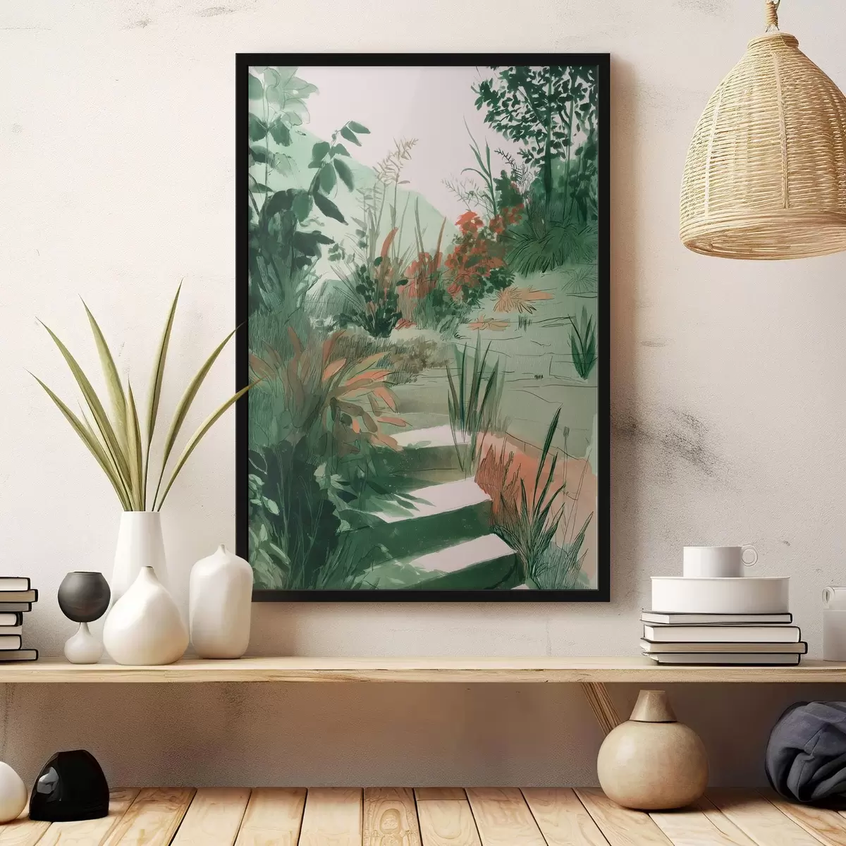 Poster Grădină orientală cu tufișuri și copaci, culori verzi f44982