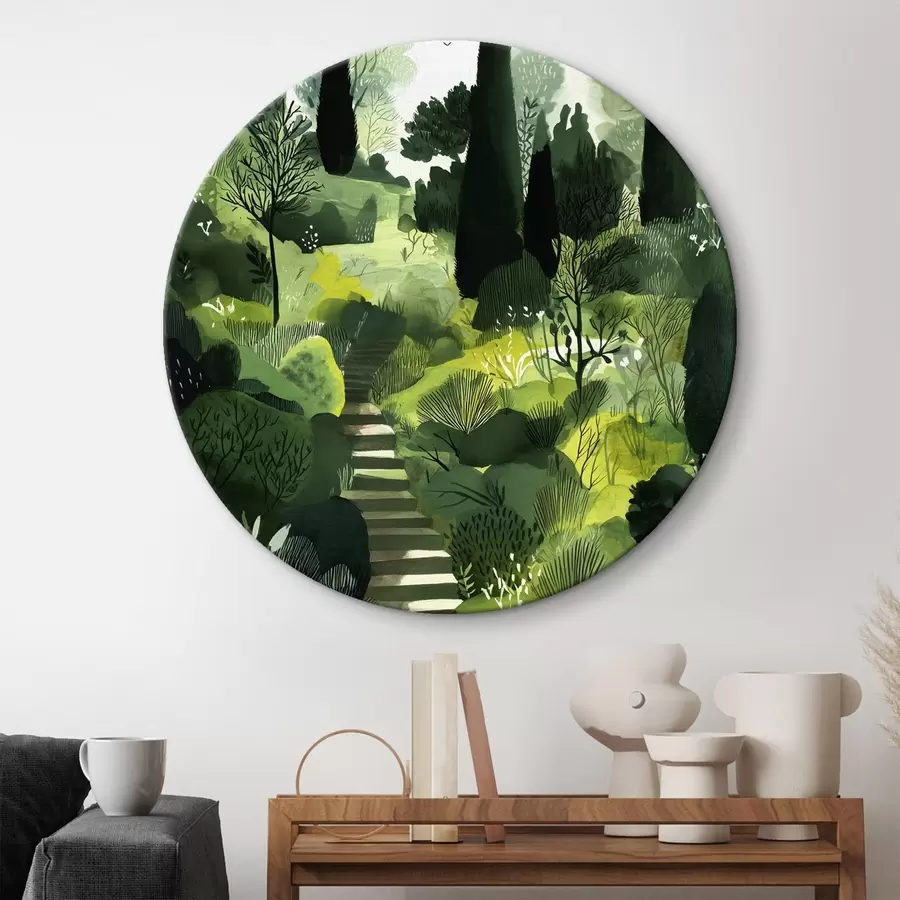 Tablouri Dealuri verzi cu copaci și arbuști, scări de beton, culori luxuriante r44980