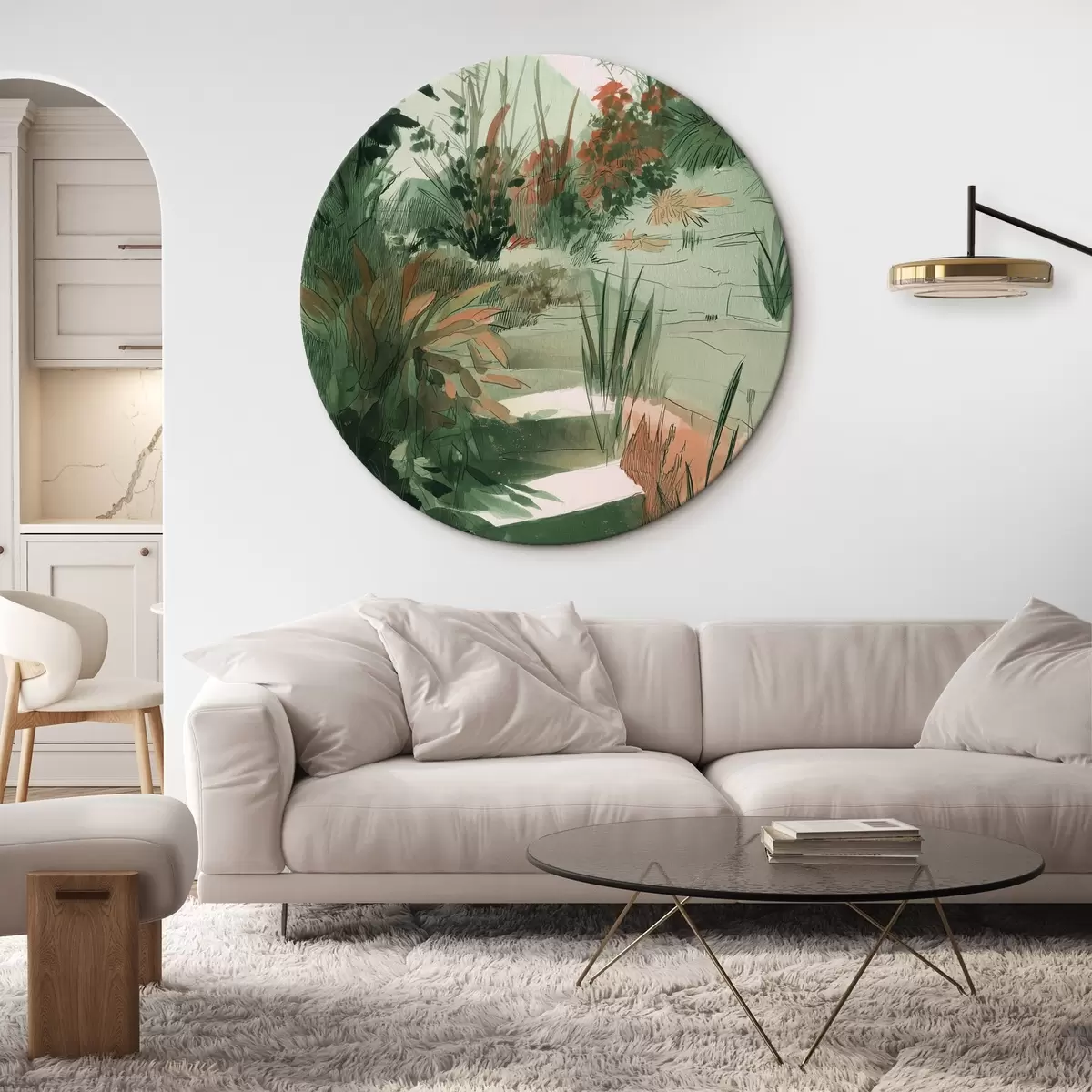 Picturi rotunde Grădină orientală cu tufișuri și copaci, culori verzi r44982