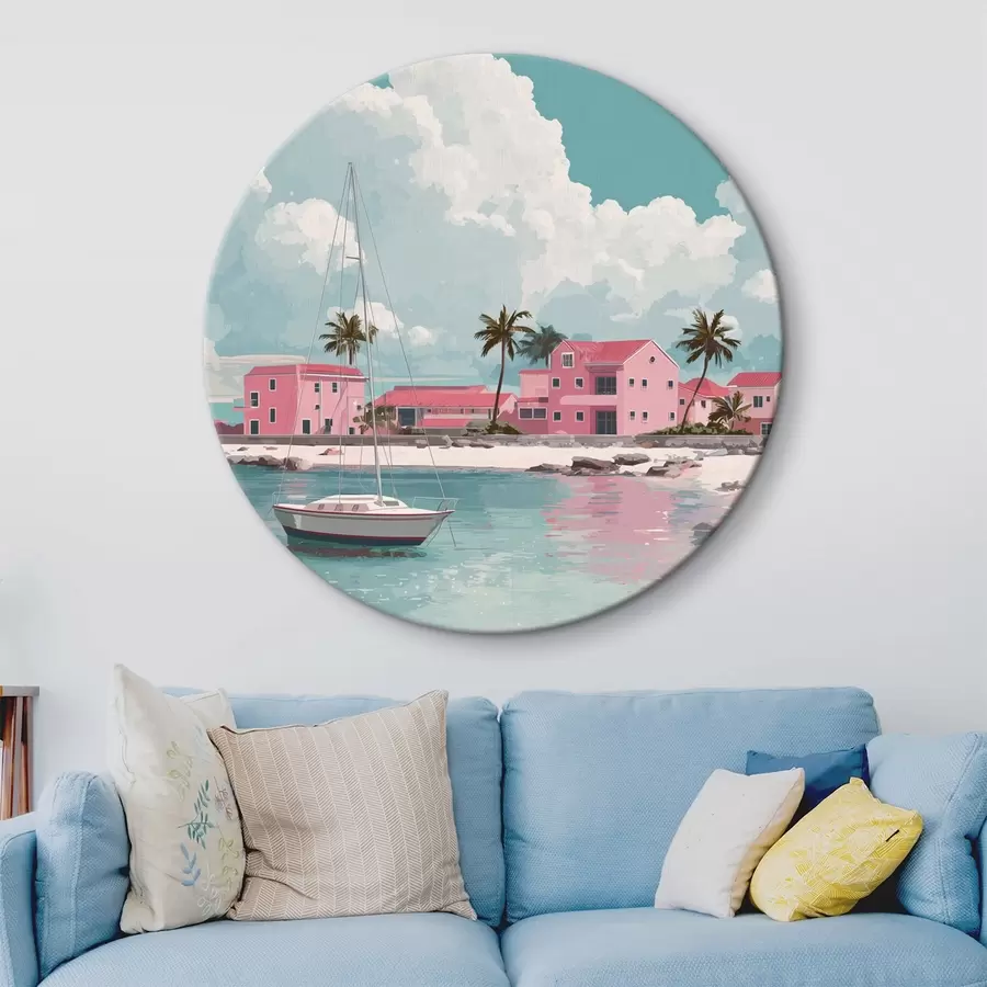 Tablouri Plajă roz cu soare strălucitor, barcă cu pânze și case r44986