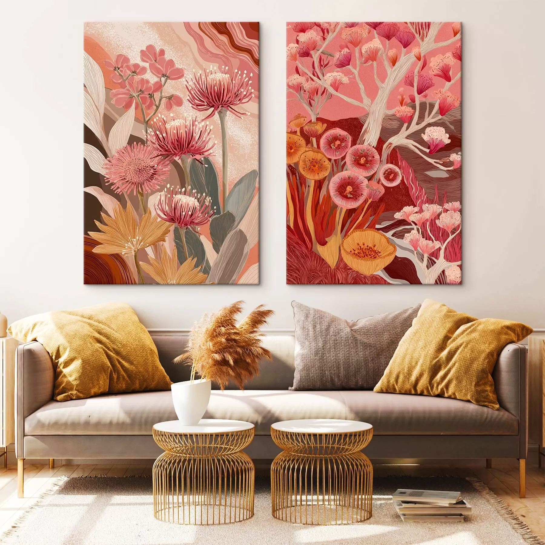 Tablouri Boho stil flori, desen detaliat, culori burgundy m00476