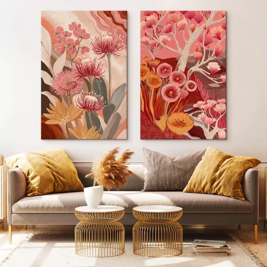 Tablouri Boho stil flori, desen detaliat, culori burgundy m00476