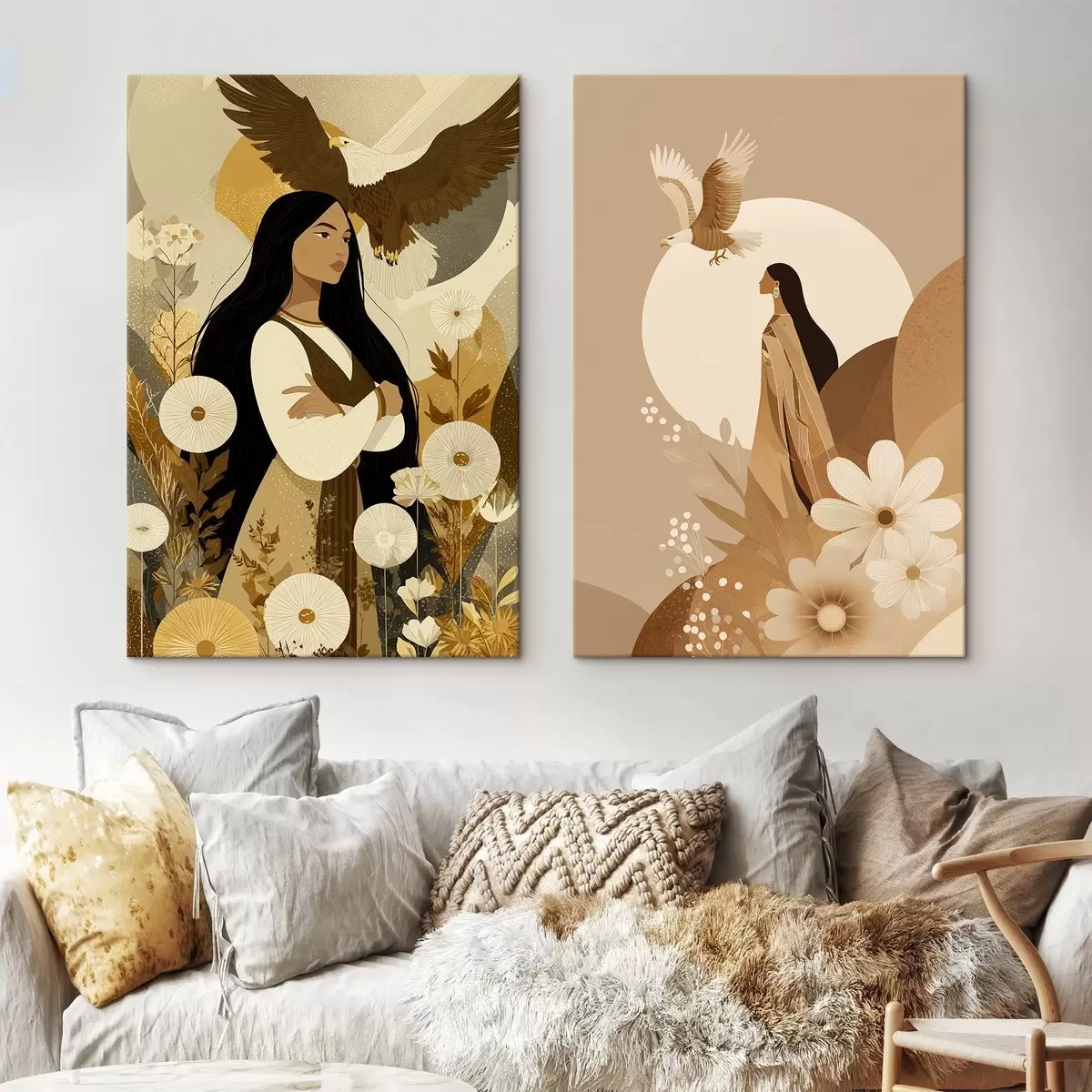 Tablouri Femei cu vulturi zburători, stil tribal, culori bej m00477