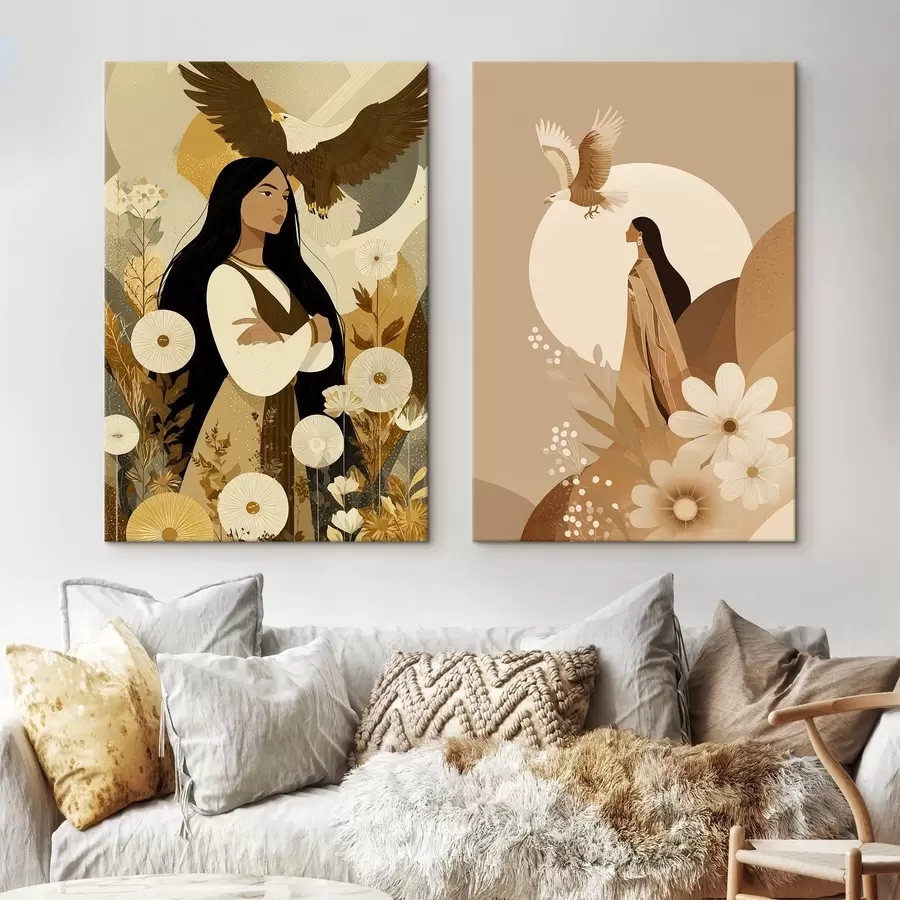 Tablouri Femei cu vulturi zburători, stil tribal, culori bej m00477