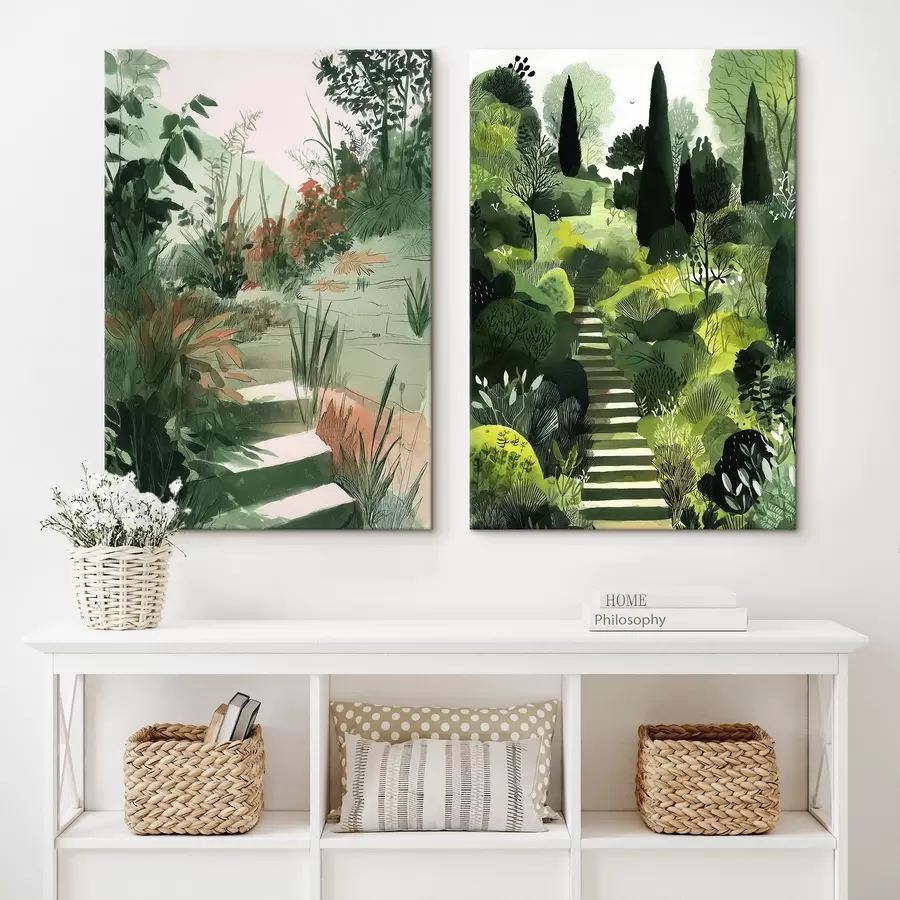 Tablouri Grădină orientală verde cu tufișuri și copaci m00478