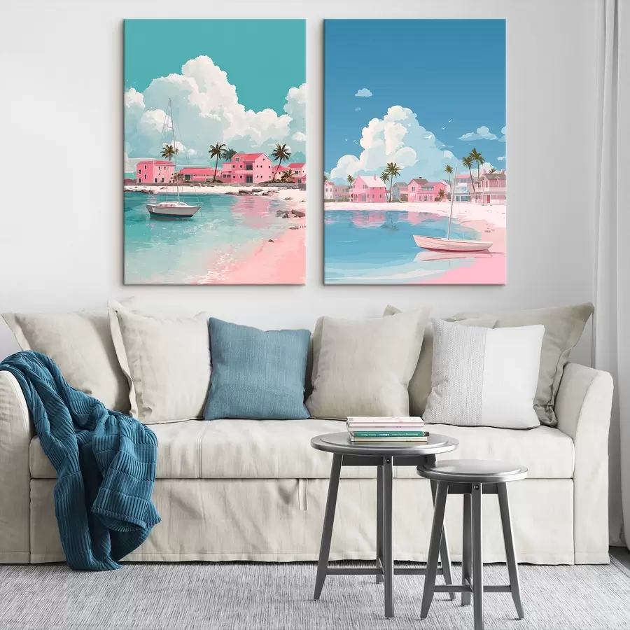 Tablouri Plajă de vară roz cu soare, barcă cu pânze și case m00479