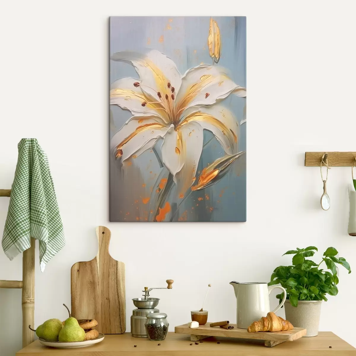 Tablouri Crin alb cu tușe galbene pe fundal albastru s45077