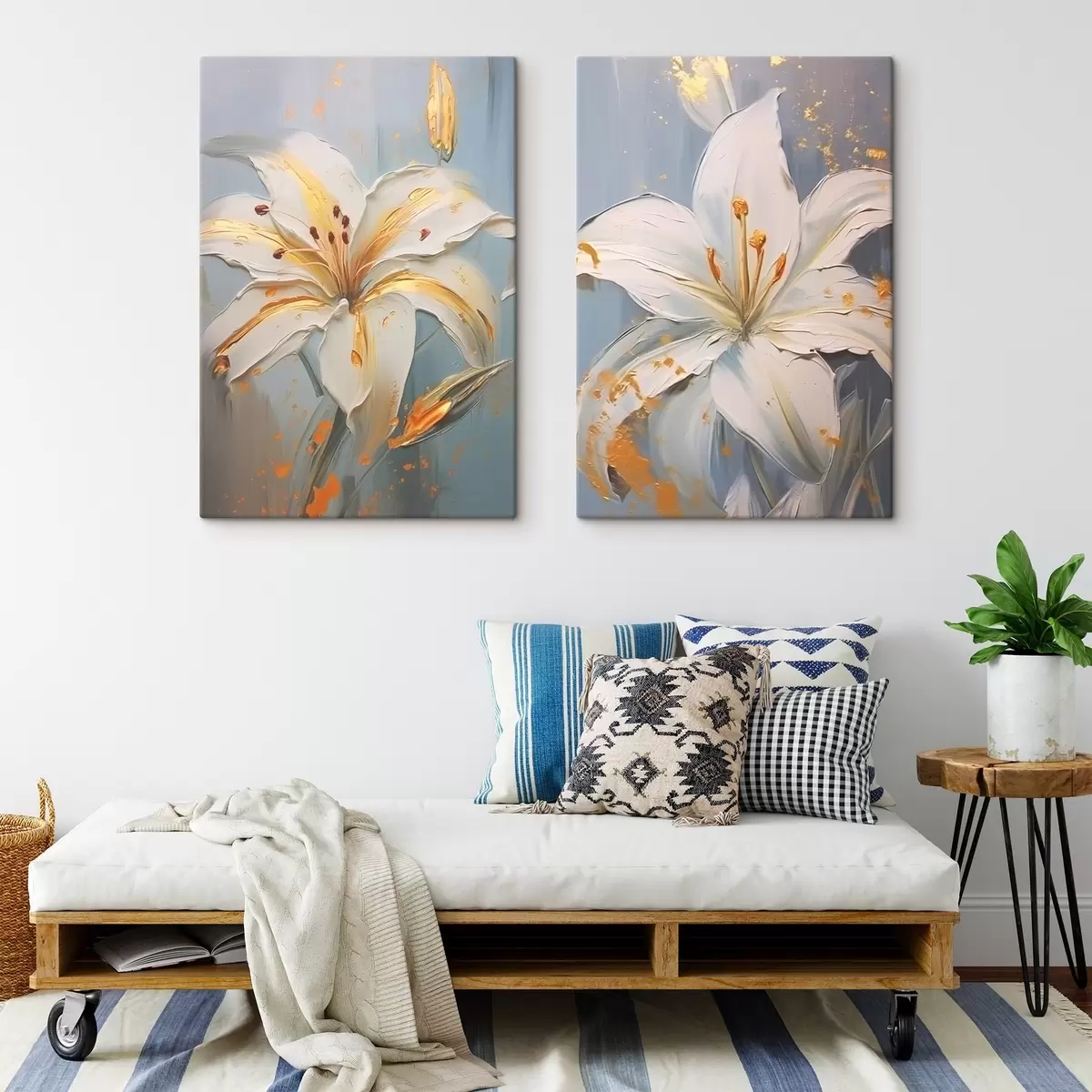 Tablouri Crini albi cu stropi galbeni pe un fundal albastru m00497