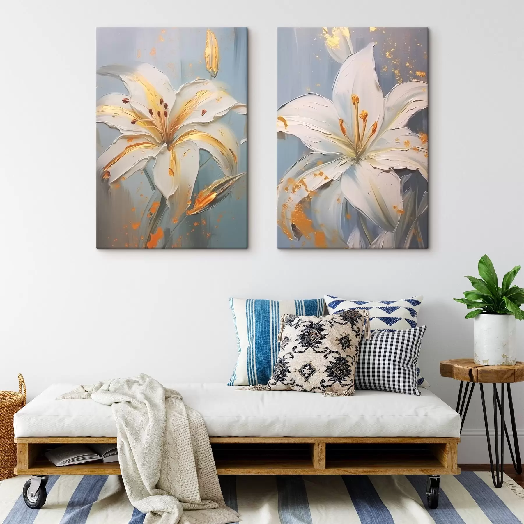 Tablouri Crini albi cu stropi galbeni pe un fundal albastru m00497