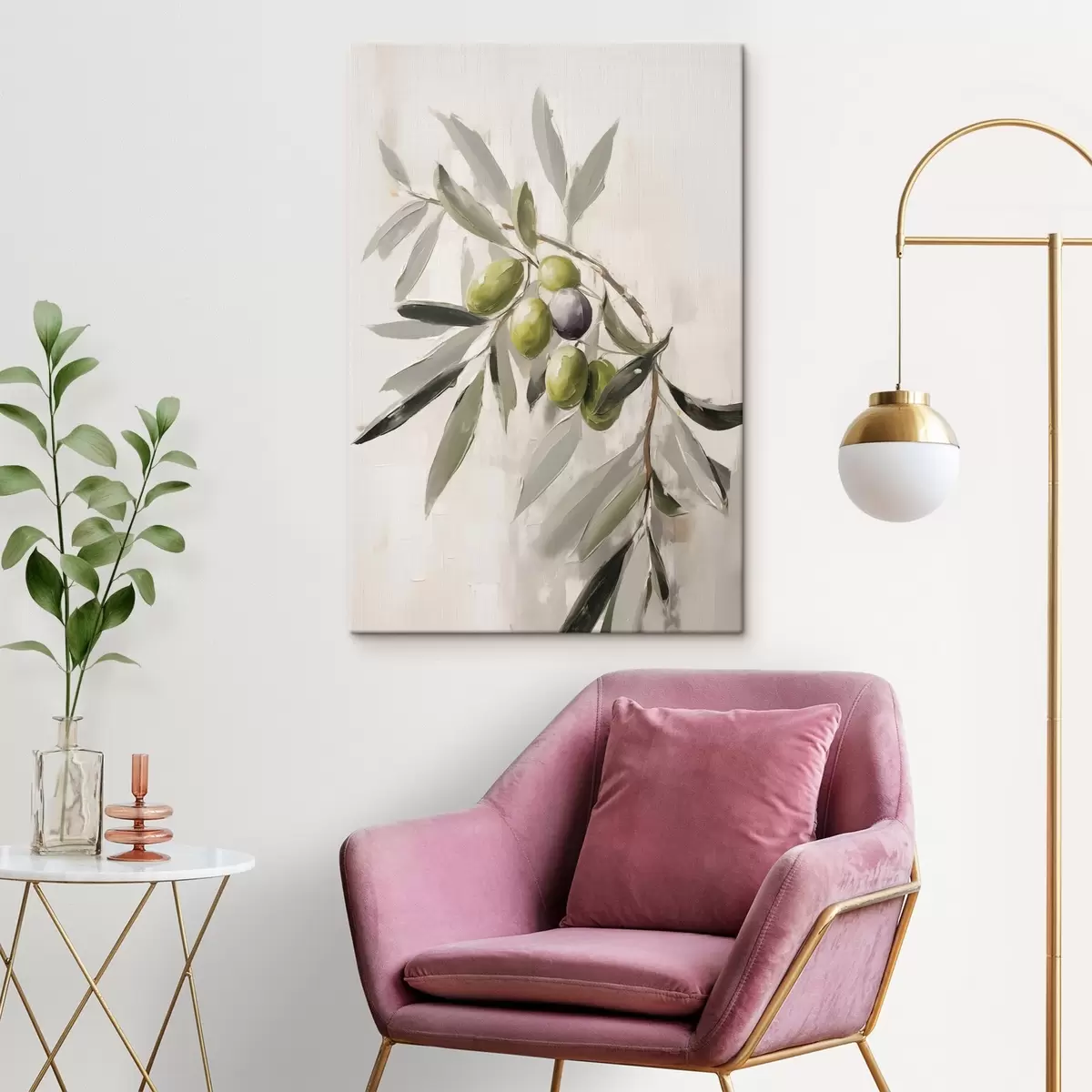 Tablouri măsline verzi, detaliu ramură, fundal luminos, organic, paletă naturală, rustic s45110