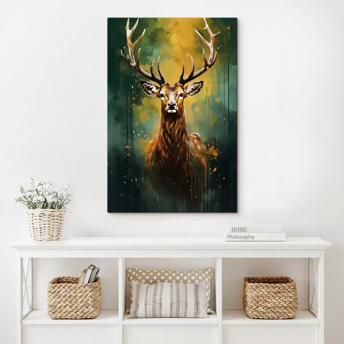 Tablouri cerb, coarne, verde pădure, strop portocaliu, portret animal, picurare, îndrăzneț, faună s45111