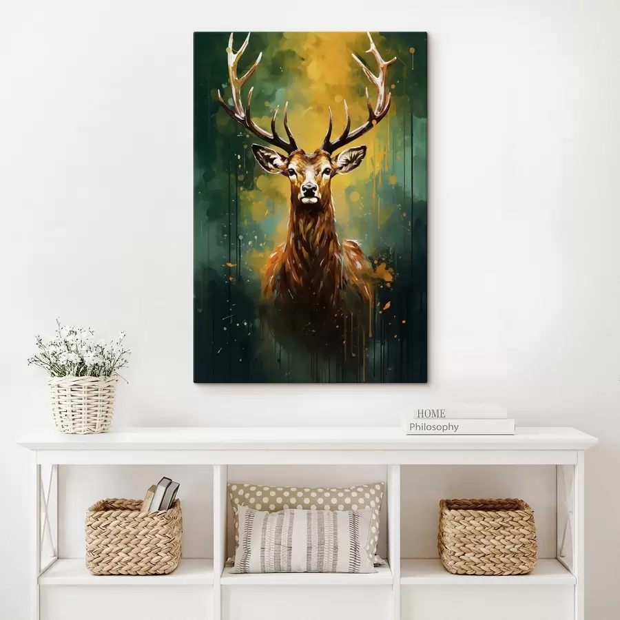 Tablouri cerb, coarne, verde pădure, strop portocaliu, portret animal, picurare, îndrăzneț, faună s45111