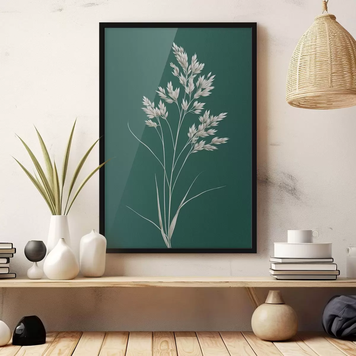 Poster botanic, minimal, iarbă, tulpină, fundal verde, natural, plantă, plat f45091